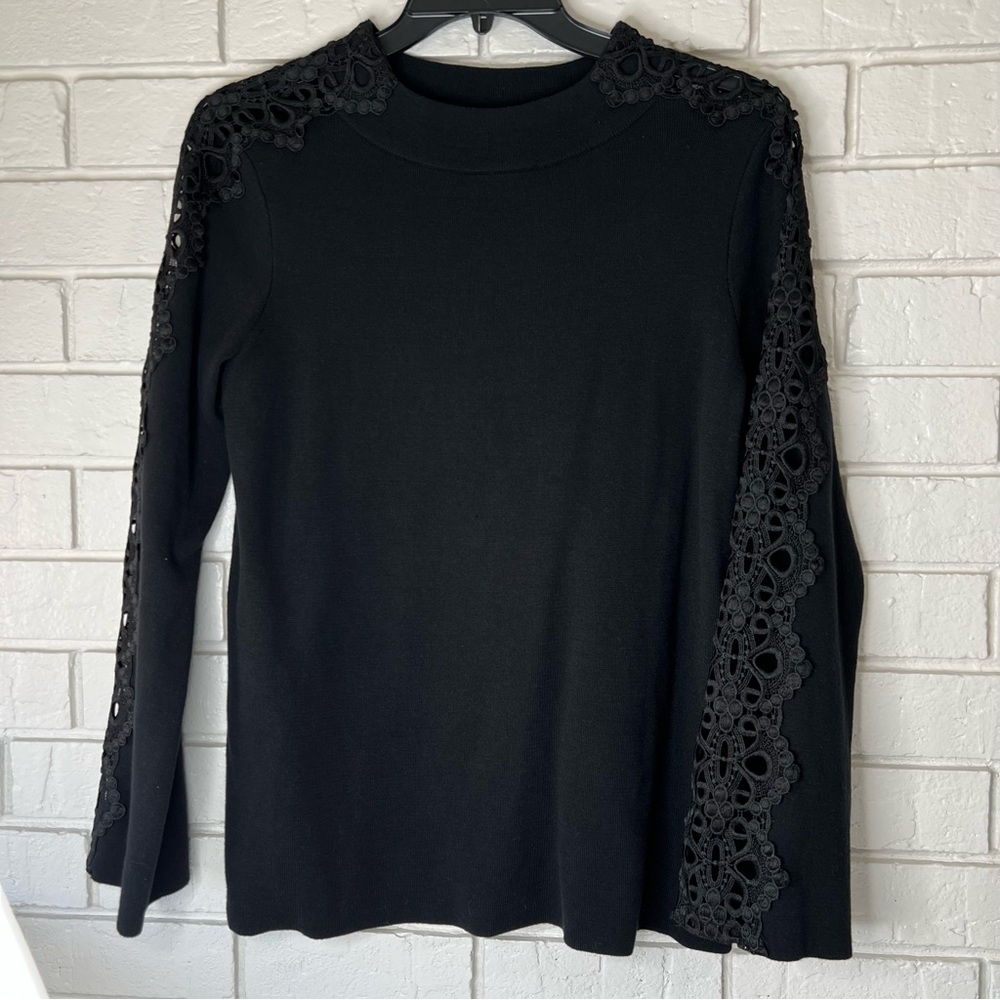New Stylus Black Lace Sleeve Mock Neck Sweater Size L